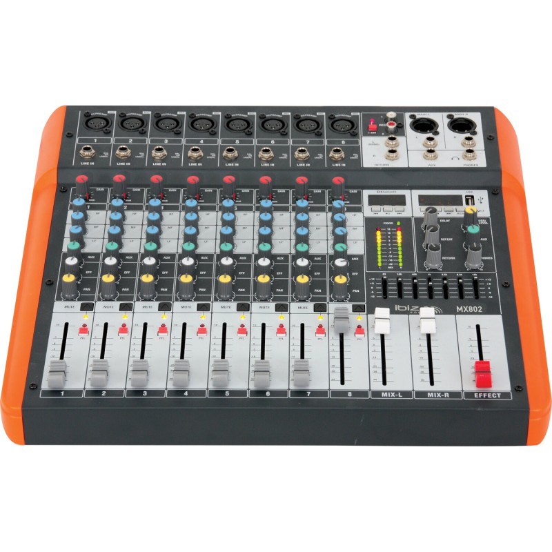 MIXER A 8 CANALI USB/BT, +48V, 1xAUX, 1xEFFECT, 7-EQ