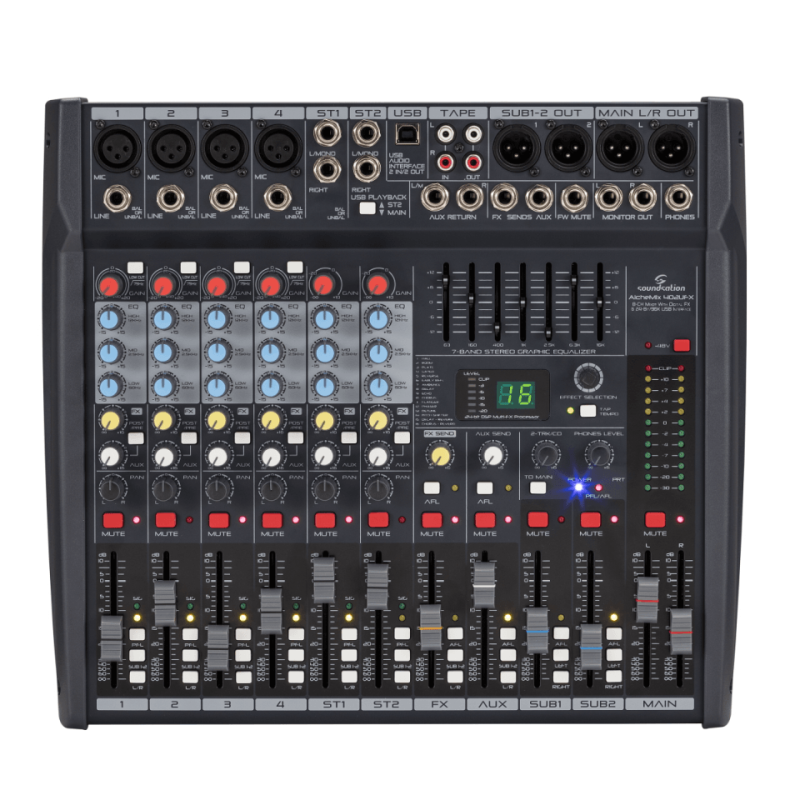 MIXER ECONOMICO MICROFONICO 8 CANALI ALCHEMIX 402UFX con Multieffetto Digitale a 24-bit & Scheda In/Out Stereo USB