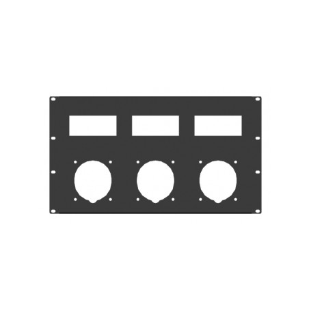 Pannello rack 19" 6 unità preforato per 3 prese 380V 63A Gewiss o Scame e 3 vani da 6 moduli din cad